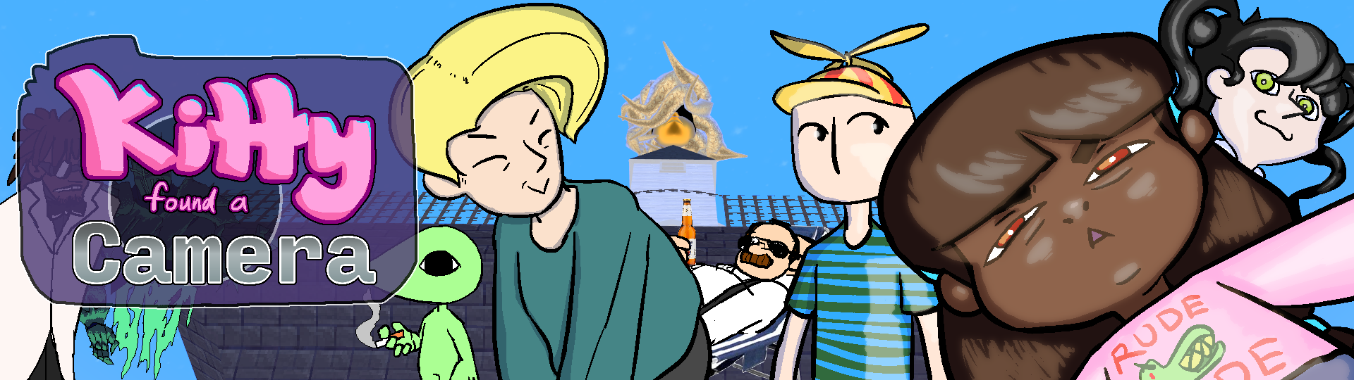 Banner Image: Kitty Found a Camera. Features the protagonist, Kitty, looking dazed as she takes a selfie with the flash on. Behind her is a cast of characters from the game, and a mysterious head floating at the top of a church.